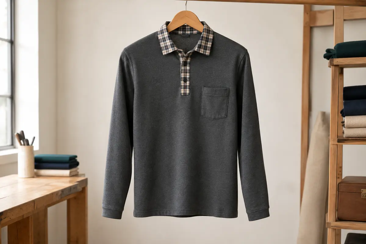 Polo homme gris foncé à manches longues, col à carreaux contrastés et poche poitrine, sur cintre en bois.