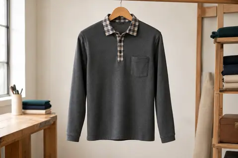 Polo homme gris foncé à manches longues, col à carreaux contrastés et poche poitrine, sur cintre en bois.