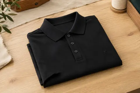 Polo noir en coton plié sur du bois, avec col boutonné, manches courtes et détail brodé discret.