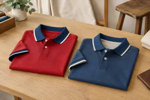 Deux polos en coton, l’un rouge et l’autre bleu, pliés dans un atelier vestimentaire épuré.