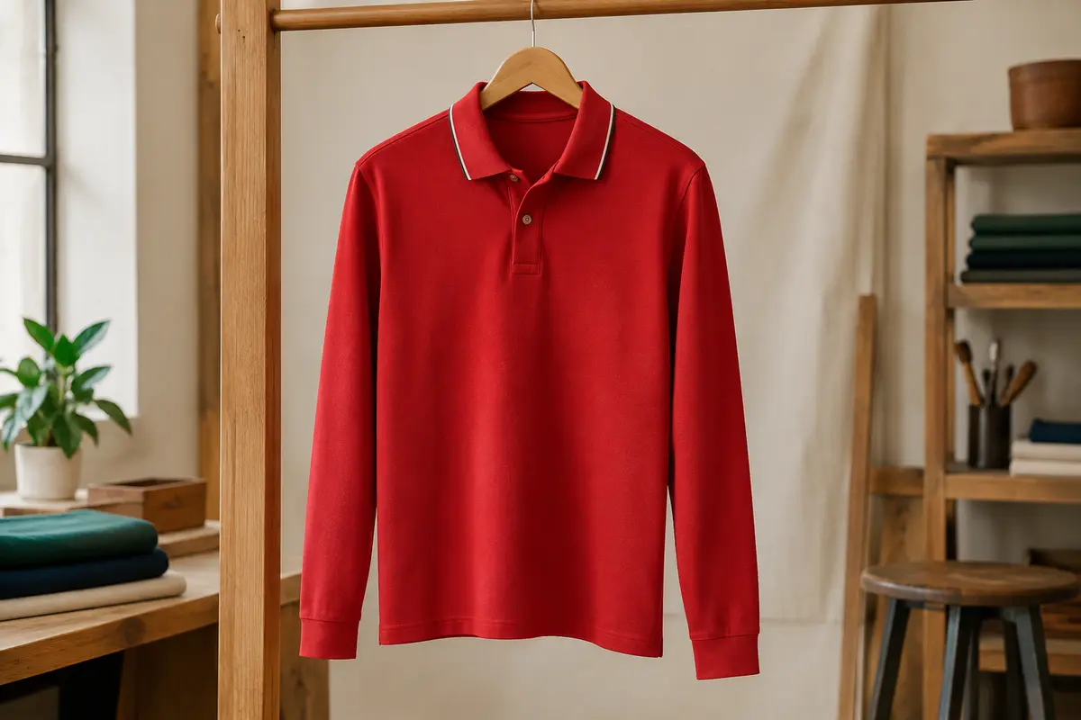Polo de sport rouge à manches longues, col passepoilé et patte de boutonnage, sur cintre en bois