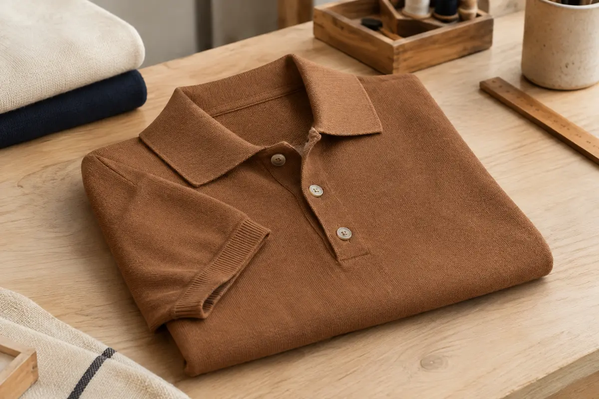 Polo en maille caramel à manches courtes, avec col polo et poignets côtelés, présenté plié sur une table en bois.