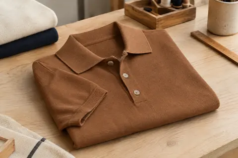 Polo en maille caramel à manches courtes, avec col polo et poignets côtelés, présenté plié sur une table en bois.