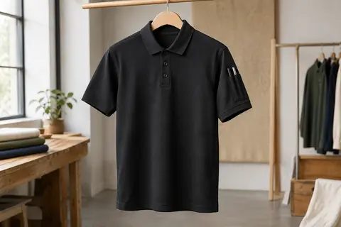 Polo homme noir en piqué polyester avec col classique, patte à trois boutons et poches à stylos sur la manche gauche