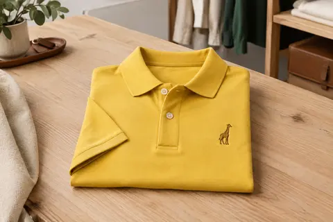 Polo jaune pour homme en coton, à manches courtes et broderie de girafe, plié sur une table d’atelier