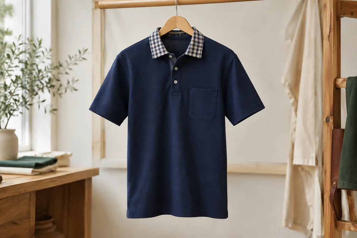 Polo homme en coton bleu marine, à manches courtes, poche poitrine et col à carreaux, présenté sur cintre.