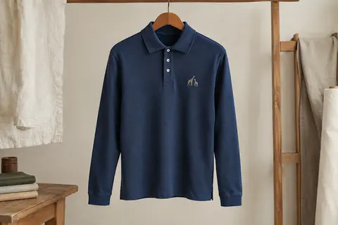 Polo bleu pour homme à manches longues, avec col à boutons et broderie de girafes, suspendu dans un atelier épuré.
