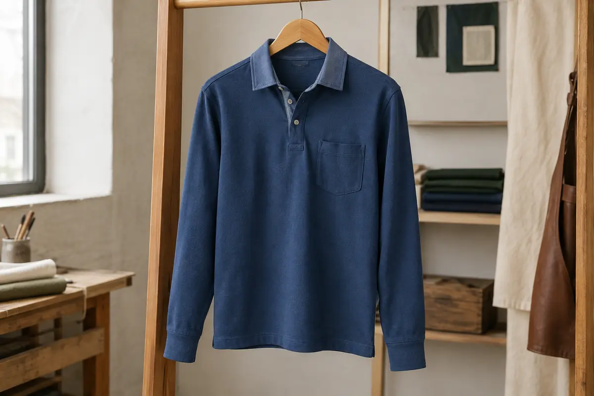 Polo homme bleu à manches longues en coton, avec poche et empiècement de tissu au col