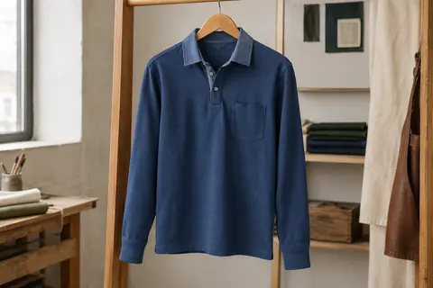 Polo homme bleu à manches longues en coton, avec poche et empiècement de tissu au col