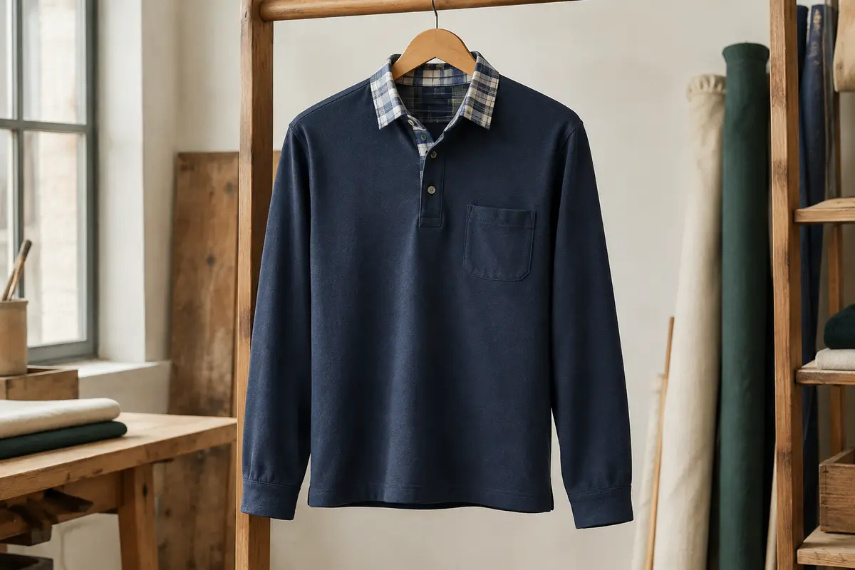 Polo homme bleu à manches longues, avec poche poitrine et col chemise à carreaux, sur cintre en bois