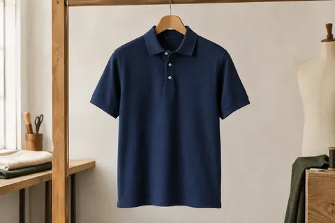 Polo homme en piqué de coton bleu profond, à col boutonné et texture légère, présenté sur un cintre en bois.