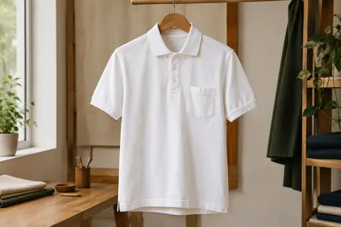 Polo blanc uni en coton, à manches courtes, col trois boutons et poche poitrine, présenté sur un cintre en bois.