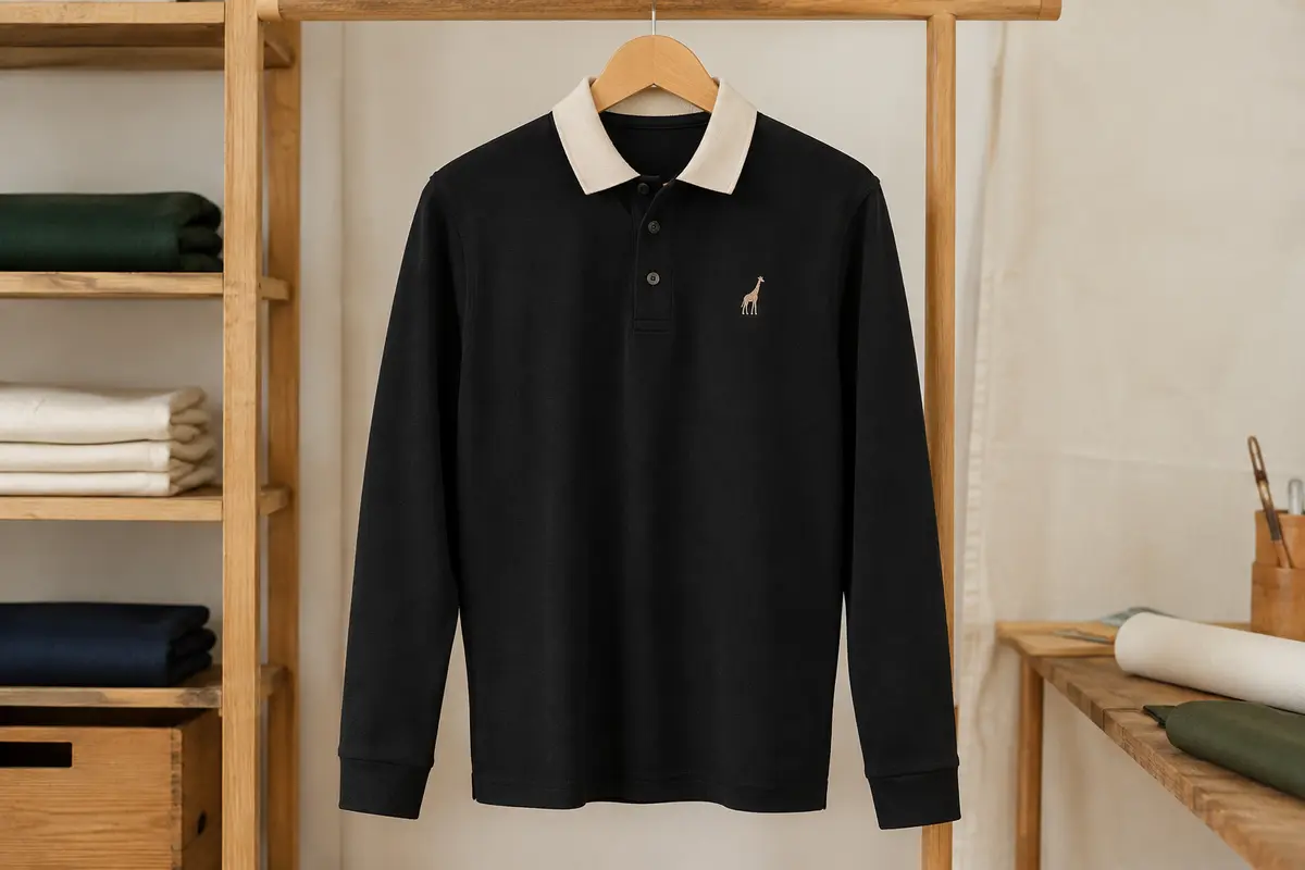 Polo homme noir à manches longues, col contrasté et broderie girafe sur la poitrine, présenté sur cintre
