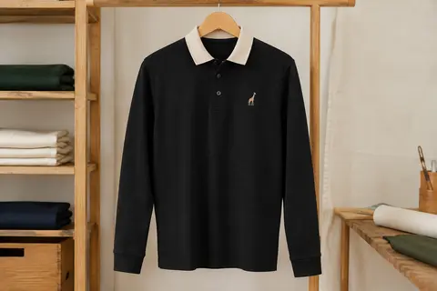 Polo homme noir à manches longues, col contrasté et broderie girafe sur la poitrine, présenté sur cintre