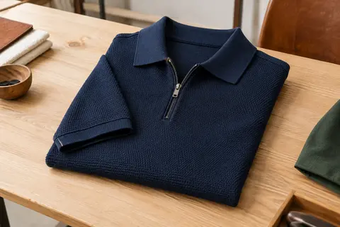 Polo homme bleu marine en maille texturée, plié avec son col zippé visible dans un atelier épuré.