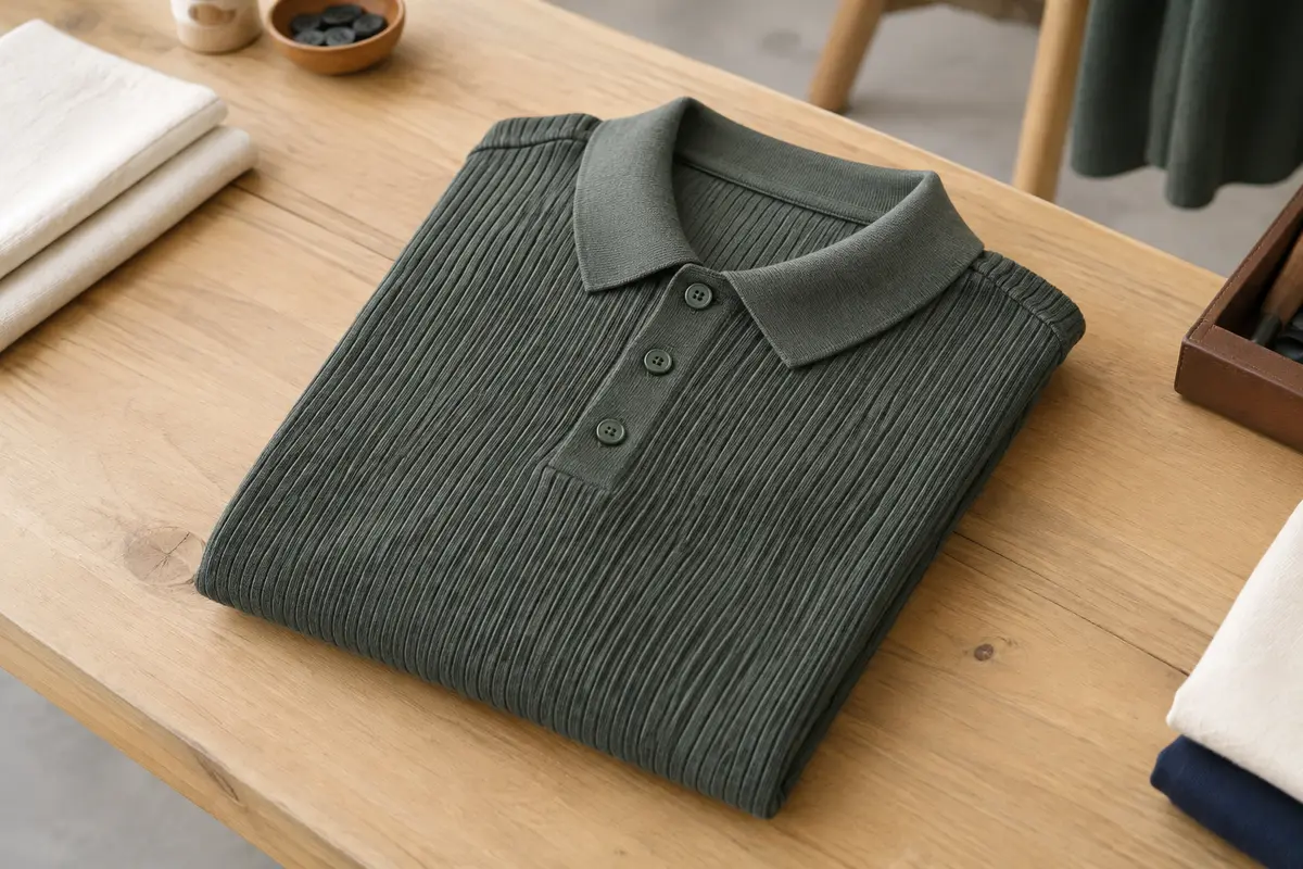 Polo homme gris vert en maille texturée, plié sur une table en bois dans un atelier épuré
