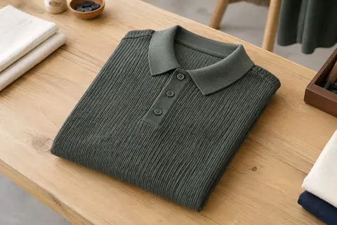 Polo homme gris vert en maille texturée, plié sur une table en bois dans un atelier épuré