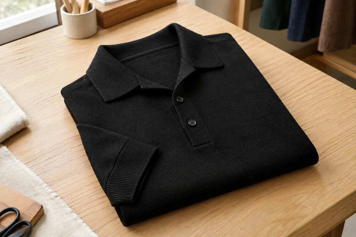 Polo homme noir en maille tricotée, plié sur une table en bois dans un atelier épuré