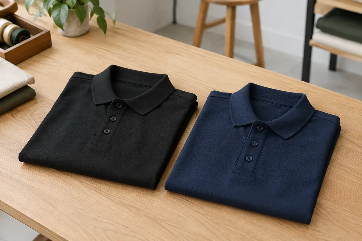 Deux polos homme en piqué de coton, noir et bleu marine, pliés sur une table en bois clair.