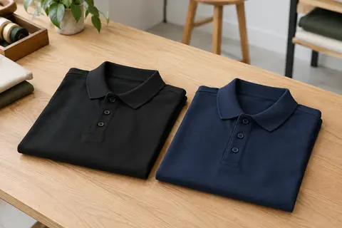 Deux polos homme en piqué de coton, noir et bleu marine, pliés sur une table en bois clair.