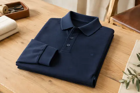 Polo homme bleu marine à manches longues, plié sur une table en bois avec son col côtelé visible.