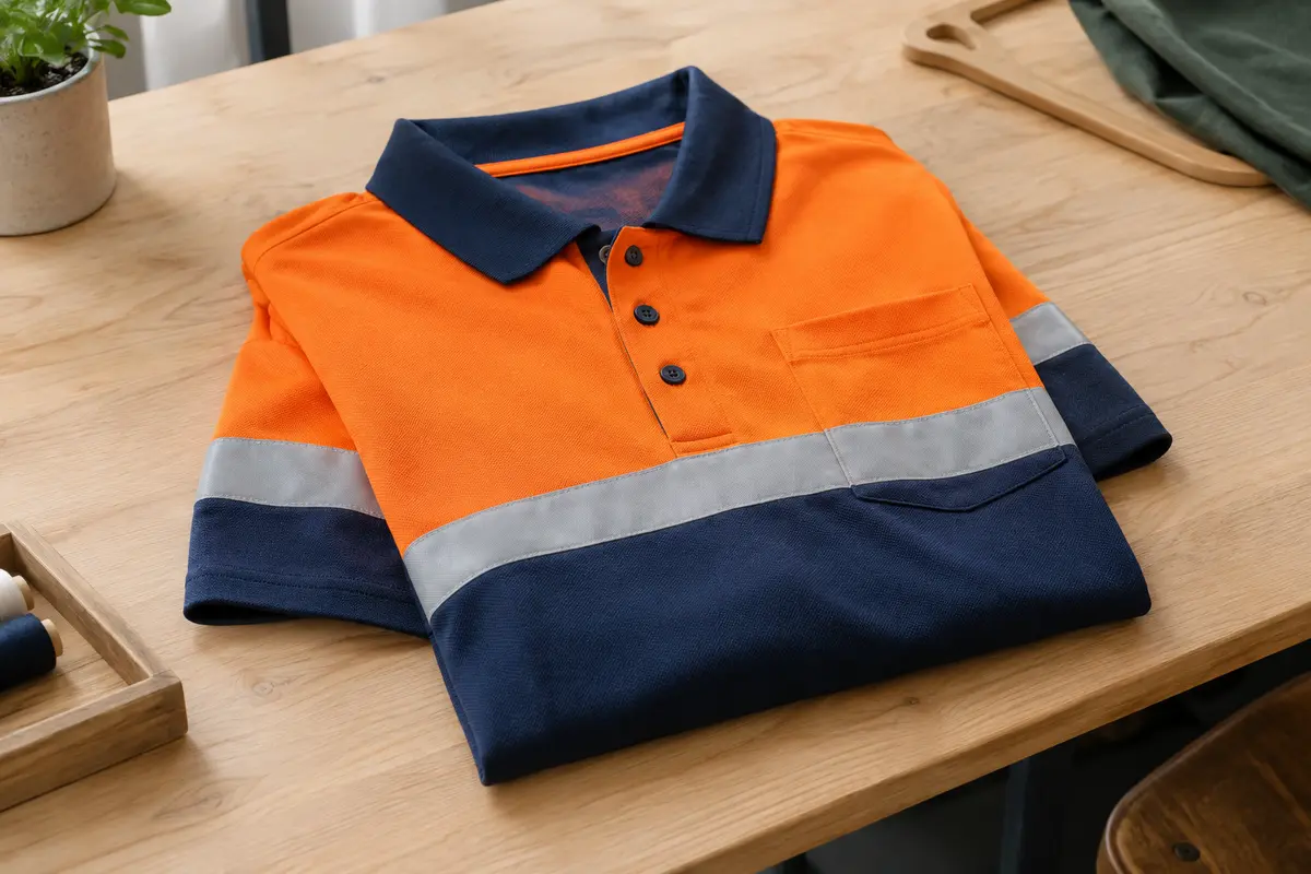 Polo de travail orange et bleu marine avec bandes réfléchissantes, poche poitrine et manches courtes