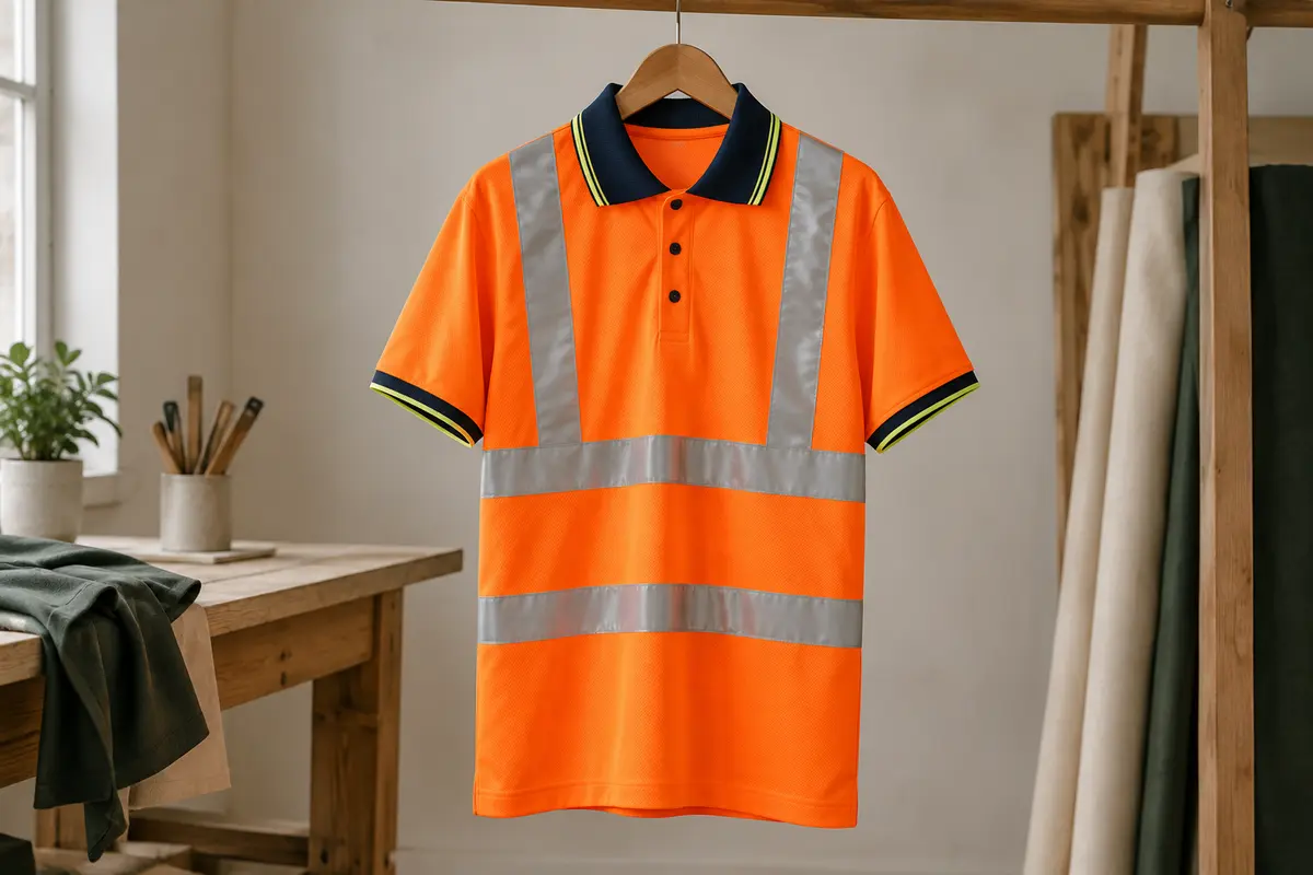 Polo professionnel orange à coupe ample, avec bande réfléchissante et col contrastant, suspendu dans un atelier épuré.
