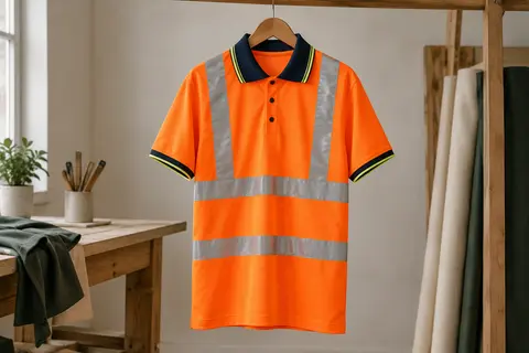 Polo professionnel orange à coupe ample, avec bande réfléchissante et col contrastant, suspendu dans un atelier épuré.