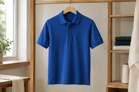 Polo homme bleu roi en piqué, avec col côtelé, manchettes à côtes et patte à boutons.
