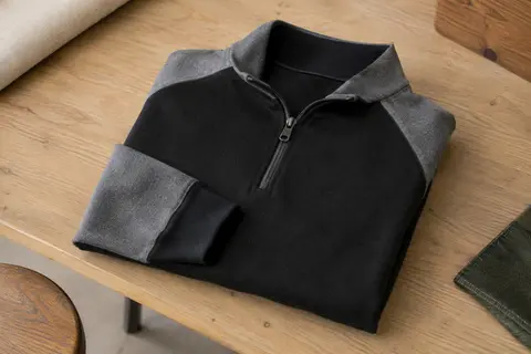 Polo homme noir et gris à manches longues, col zippé et manches raglan, plié sur une table d’atelier