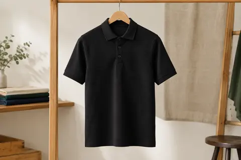 Polo pour homme en coton noir à motif uni, présenté sur un cintre en bois dans un atelier épuré.