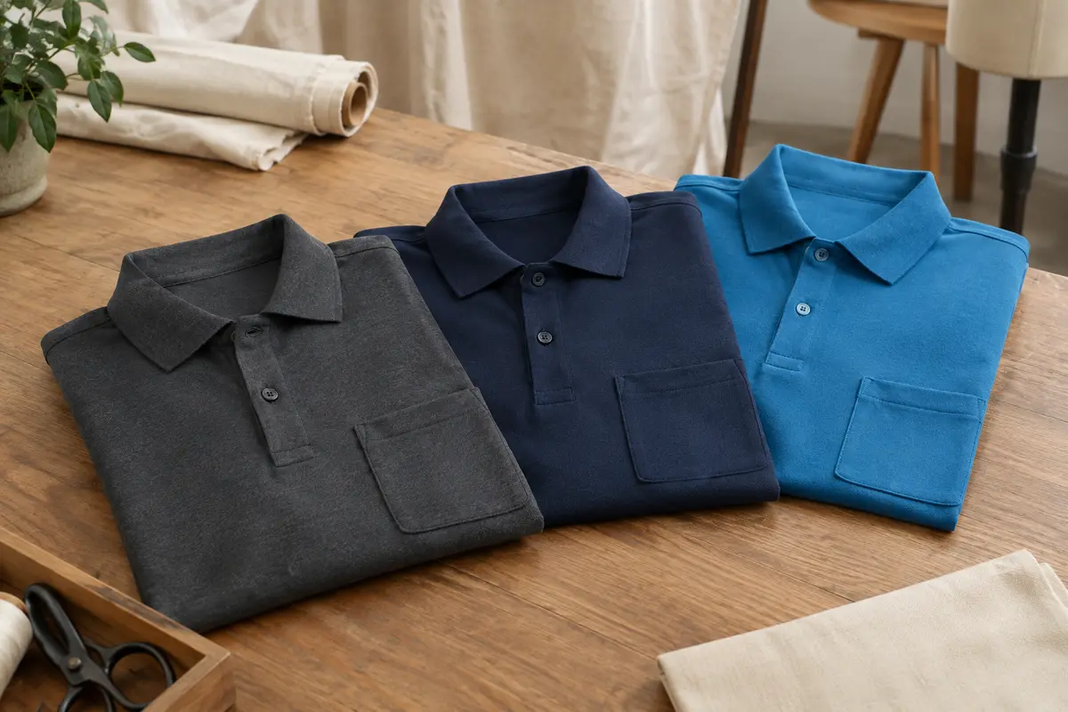 Trois polos homme pliés, en gris foncé, bleu marine et bleu cyan, avec poche poitrine