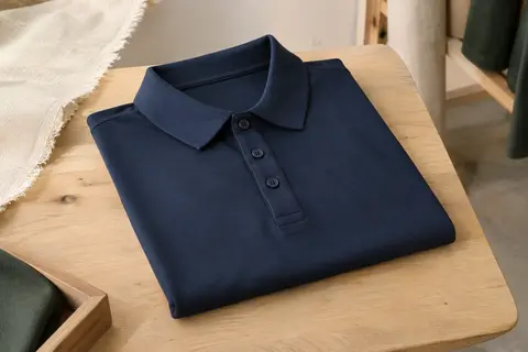Polo homme uni bleu marine à manches courtes, plié sur une table en bois clair dans un atelier épuré.