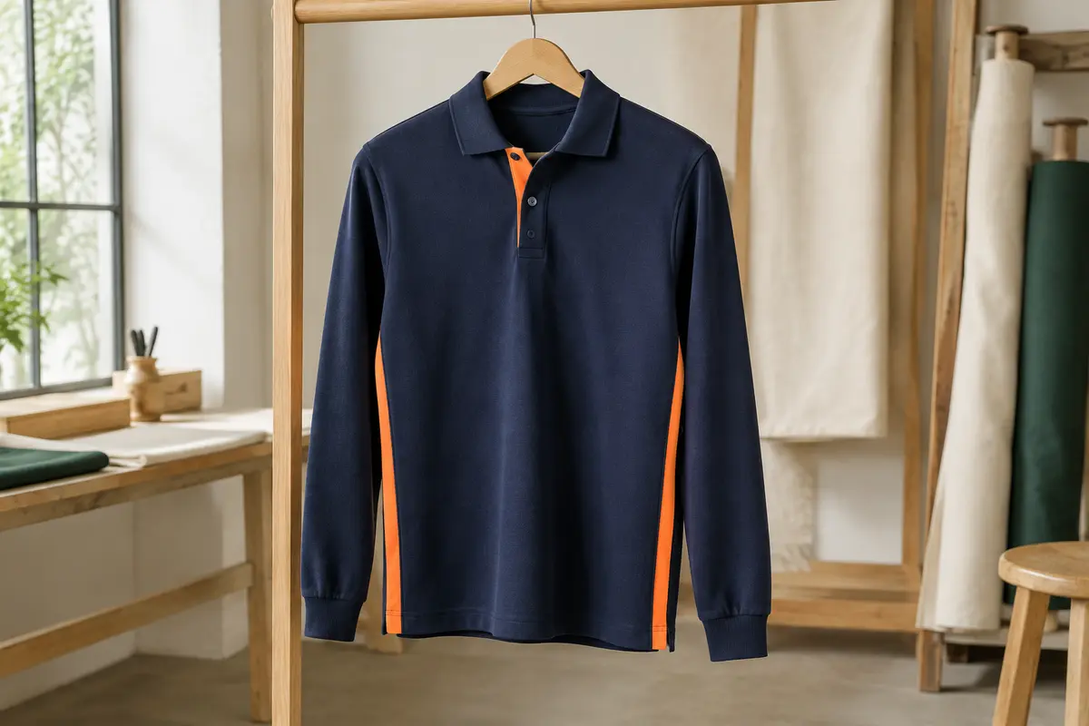 Polo homme bleu marine à manches longues avec détails orange fluo, présenté sur cintre dans un atelier épuré.