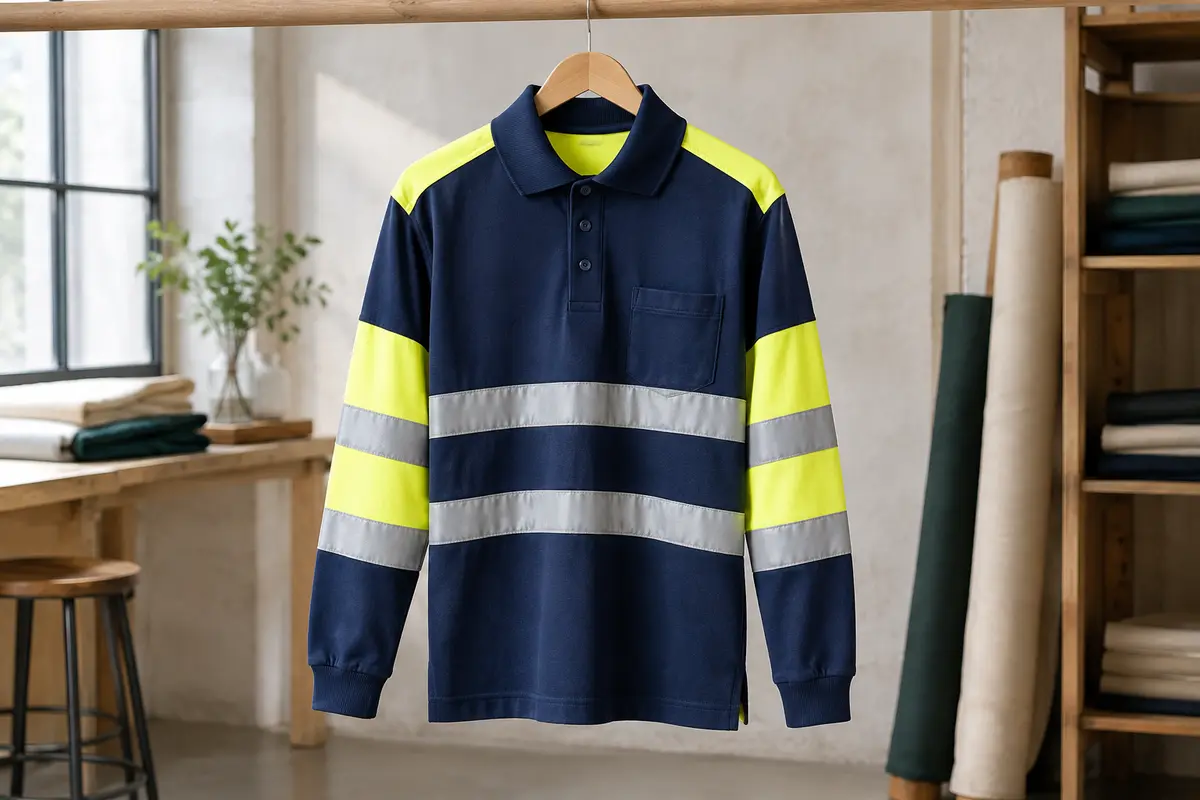 Polo de travail bleu marine et jaune fluorescent à manches longues, avec bandes réfléchissantes et poche poitrine