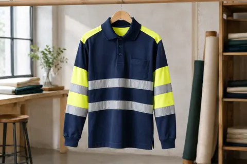 Polo de travail bleu marine et jaune fluorescent à manches longues, avec bandes réfléchissantes et poche poitrine