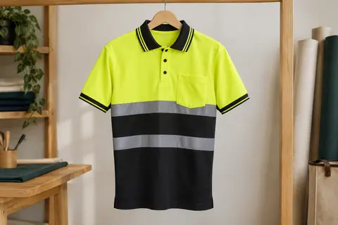 Polo professionnel bicolore noir et jaune fluo avec bandes réfléchissantes, poche poitrine et manches courtes