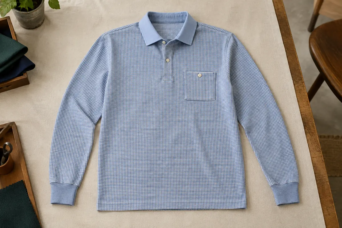 Polo homme bleu à manches longues, motif à carreaux, col boutonné et poche de poitrine
