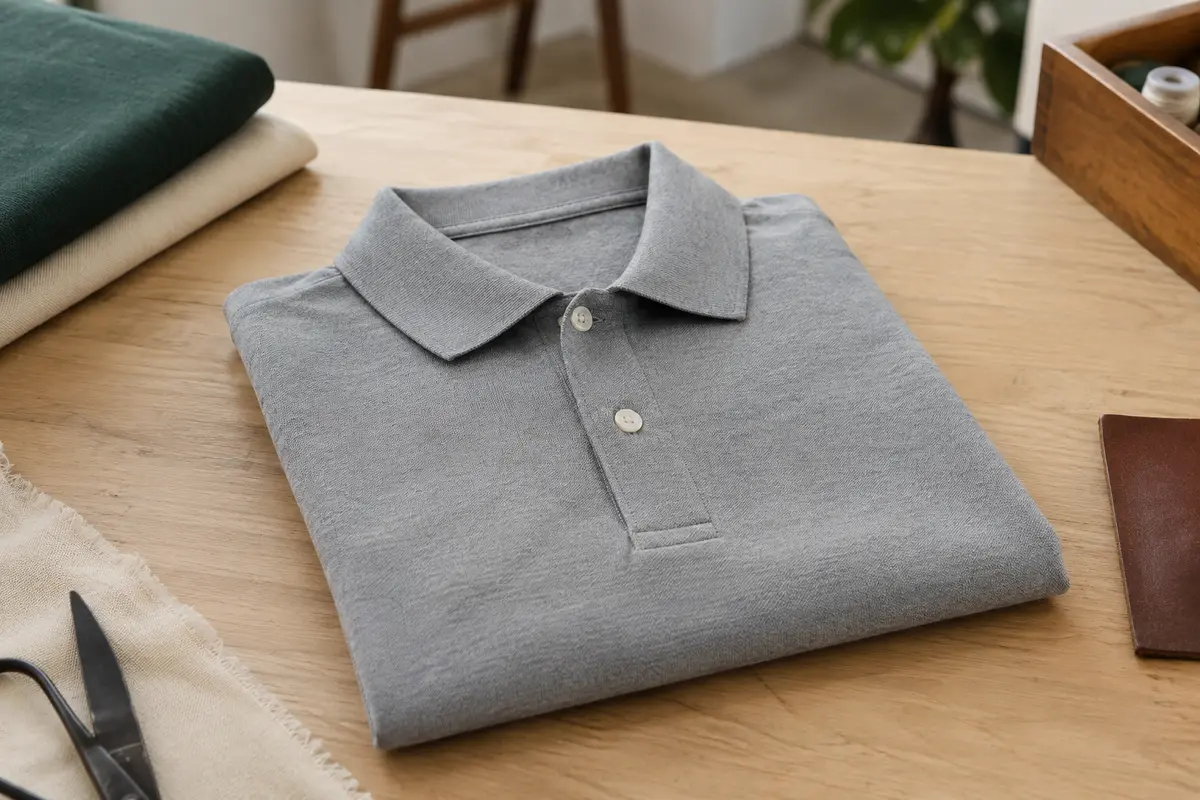 Polo gris pour homme en coton, plié sur une table en bois dans un atelier vestimentaire épuré.