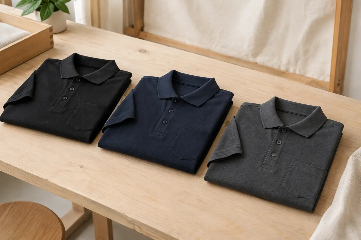 Trois polos de golf pliés, noir, bleu foncé et gris foncé, avec col boutonné et poche
