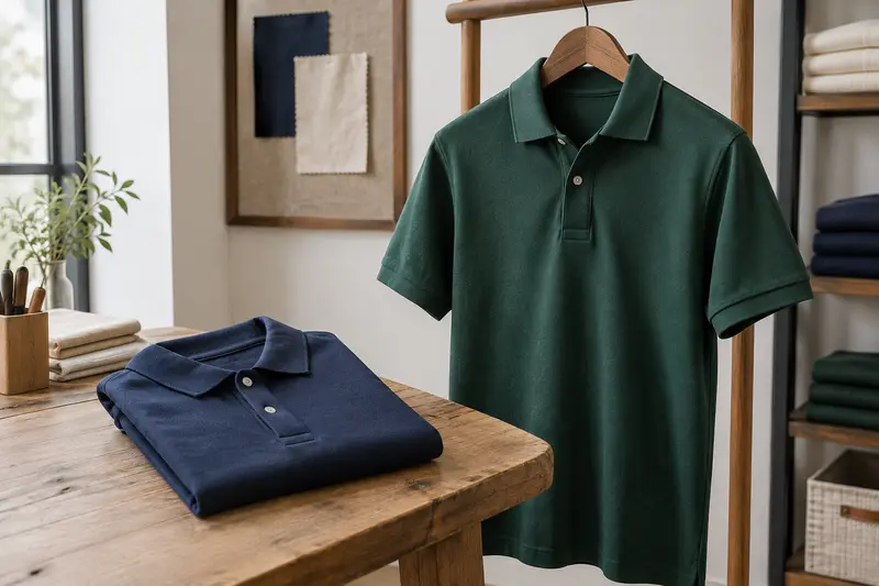 Polo plié près d’un modèle sur cintre, avec le col et la texture du tissu bien visibles.